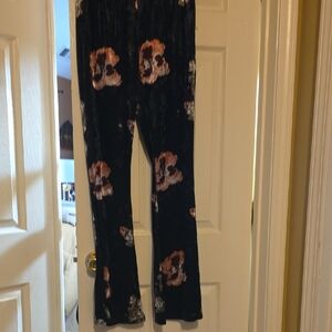 Black Velvet Floral Wide-Leg Pants